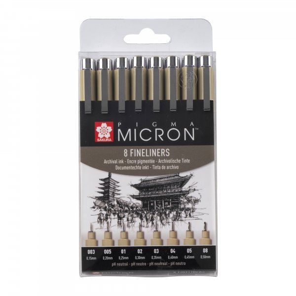 Ensemble Fineliner Pigma Micron - 8 stylos (003, 005, 01, 02, 03, 04, 05, 08)