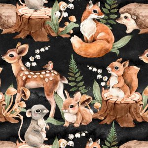Tricot à motifs 150 cm - Muguet, Bambi, Renard Noir Tricot à motifs 150 cm - Muguet, Bambi, Renard Noir