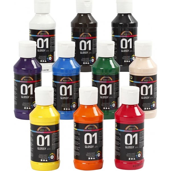 Peinture scolaire - Acrylique - couleurs mlanges - brillante - 10 x 100 ml