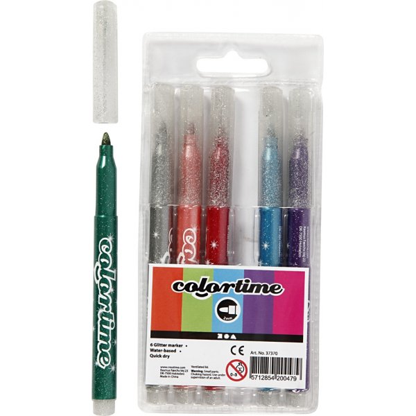 Marqueur Colortime Glitter - couleurs mélangées - 2 mm - 6 pcs Marqueur Colortime Glitter - couleurs mélangées - 2 mm - 6 pcs