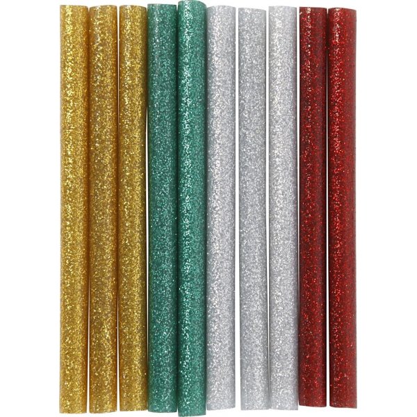 Btons de colle pour mini pistolet  colle - or - vert - rouge - argent - paillettes - L10 cm - 10 pcs
