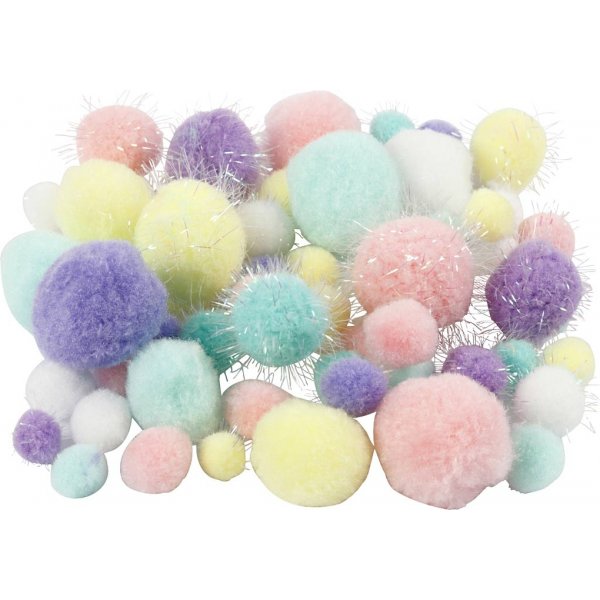 Pompons - couleurs pastel - paillettes - 62 g Pompons - couleurs pastel - paillettes - 62 g