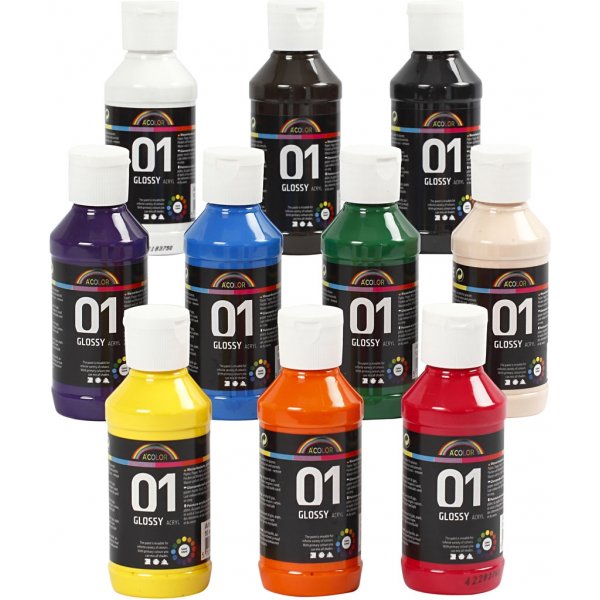 Peinture scolaire - Acrylique - couleurs mlanges - brillante - 10 x 100 ml