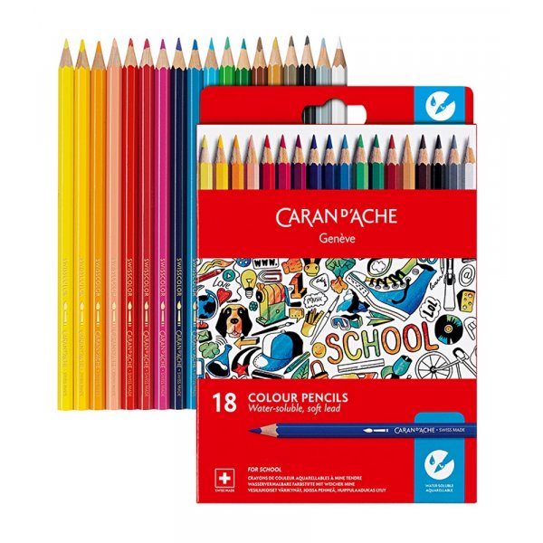 Coffret scolaire Caran d'Ache Crayons de couleur aquarellables - 18 couleurs