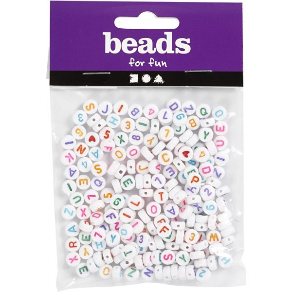 Perles lettres - Blanc/couleurs mlanges - 7 mm - env.
