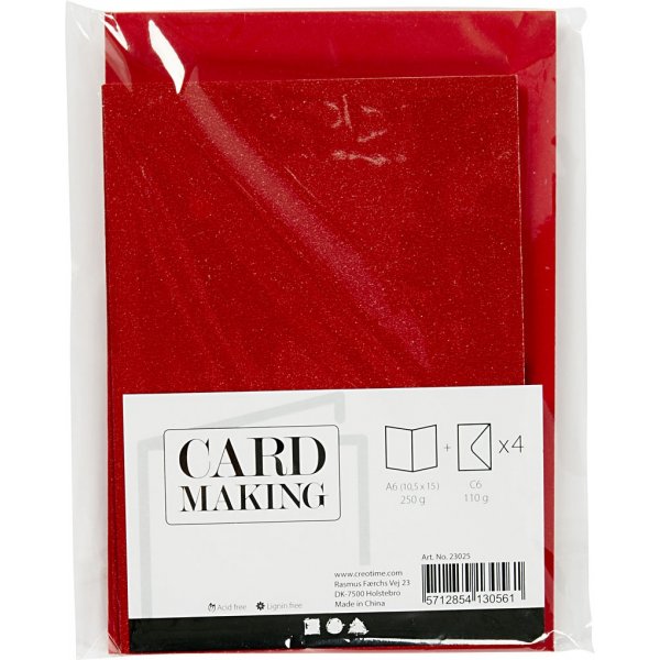 Cartes et enveloppes - rouge - paillettes - 11,5 x 16,5 cm - 4 sets