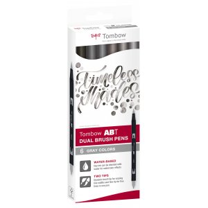 Lot de 6 stylos à double pointe Tombow ABT, toner gris Lot de 6 stylos à double pointe Tombow ABT, toner gris