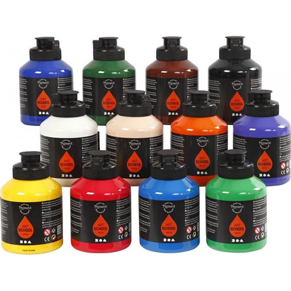 Pigment Art School - couleurs standards - semi-brillant - 12 x 500 ml