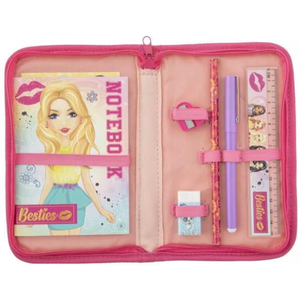Trousse luxueusement remplie avec bloc-notes, crayon et rgle.